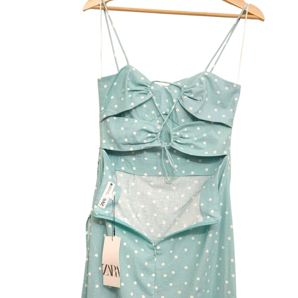 NWT Zara Linen Blend Polka Dot Midi Dress in Light Turquoise Size S - Picture 12 of 16